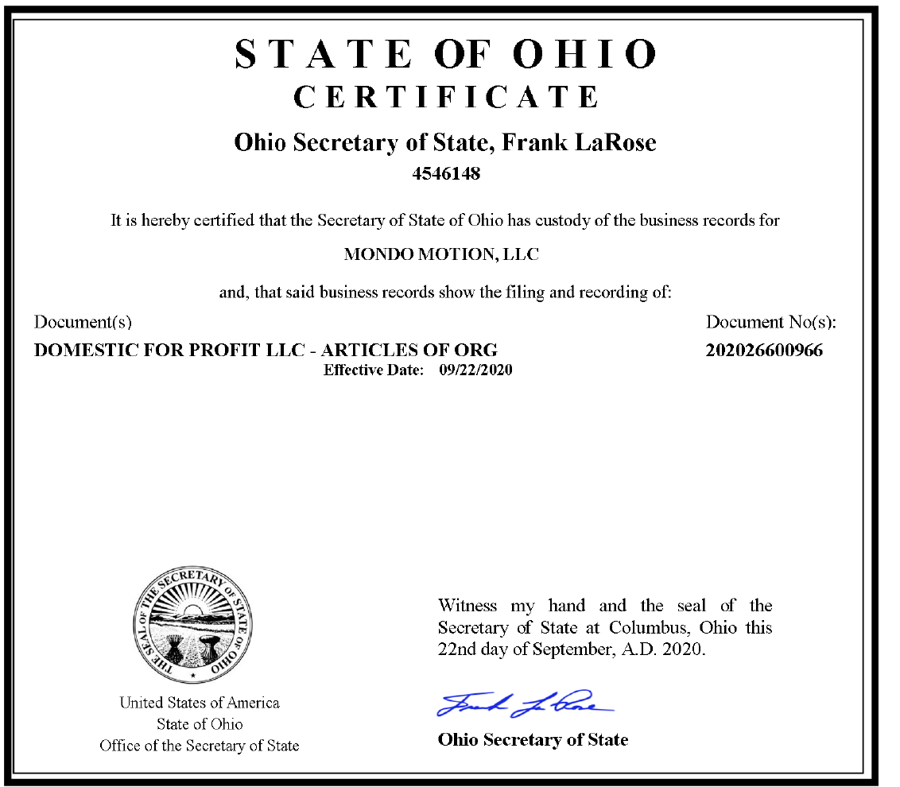 State of Ohio certificate from the Secretary of State: Mondo Motion, LLC articles of organization effective September 22, 2020