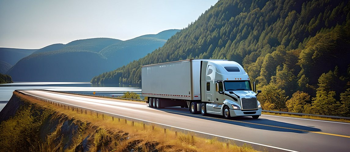 A tractor-trailer on a mountain highway