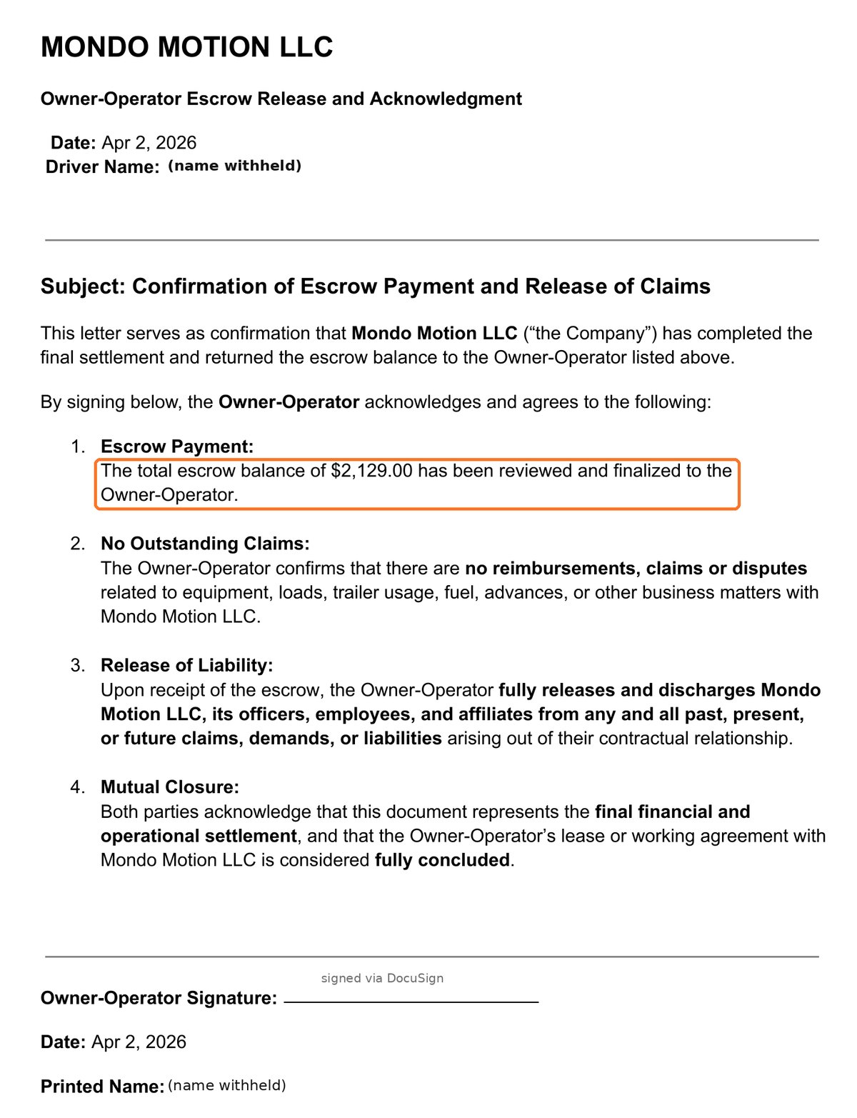 Signed Mondo Motion escrow release letter, April 2026: escrow balance of $2,129.00 reviewed and returned to the owner-operator
