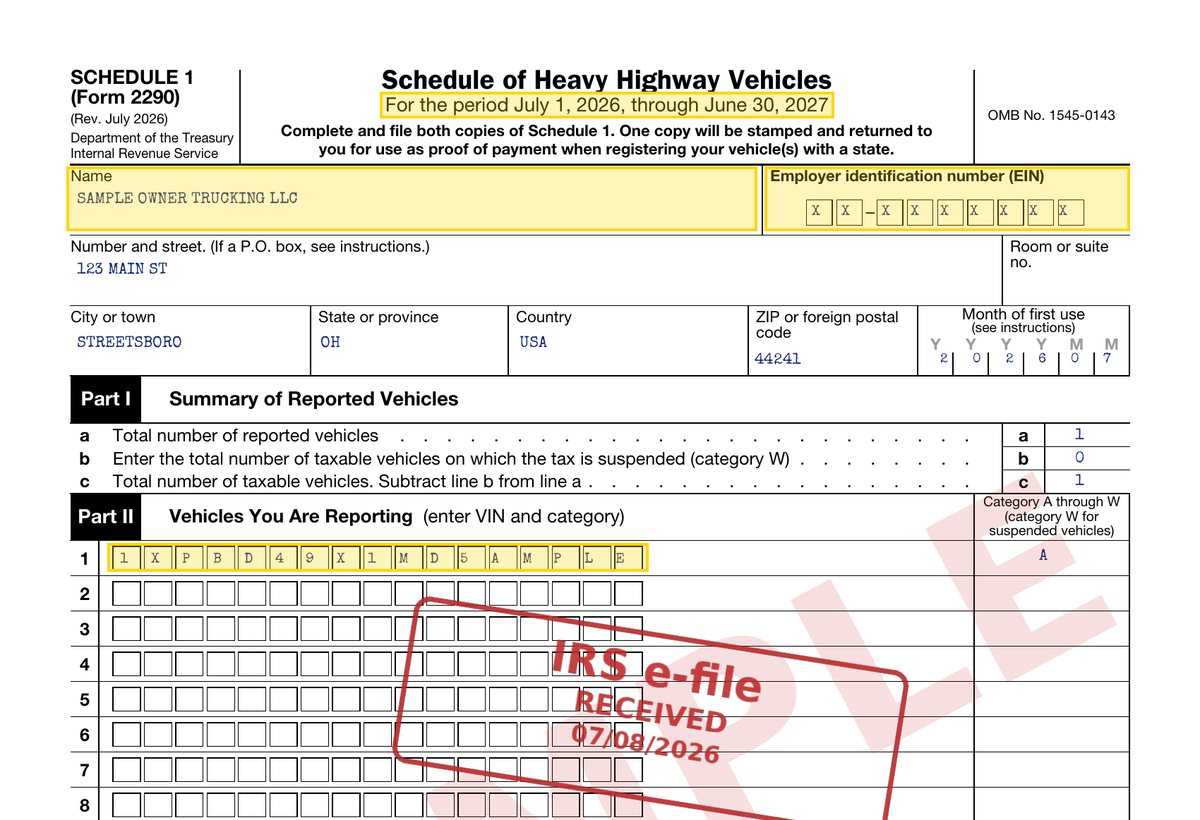 IRS Form 2290 Schedule 1 filled in as a sample: owner name, tax period July 2026 to June 2027, VIN and IRS e-file received stamp