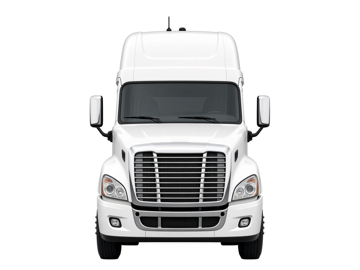 Front of a white sleeper tractor, straight on, grille, both headlights and windshield visible