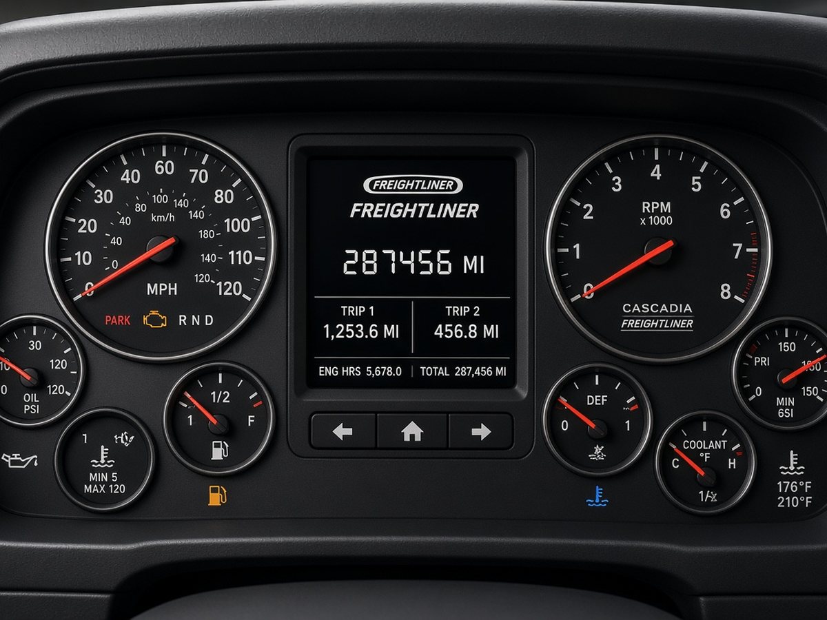 Freightliner instrument cluster with the total mileage on the center display