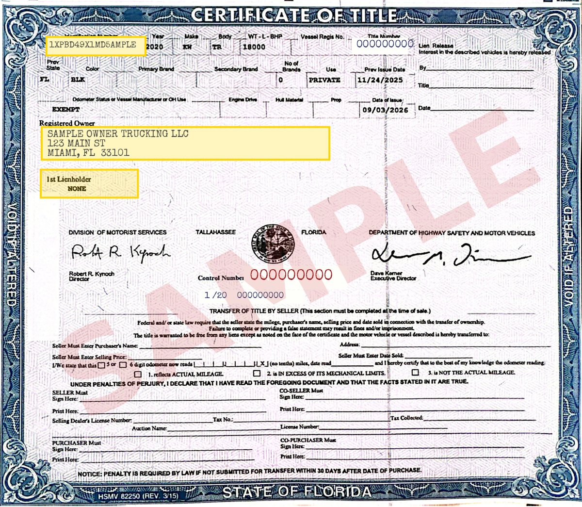 Real certificate of title (Florida) with the owner details replaced by sample data: VIN, registered owner and lienholder highlighted