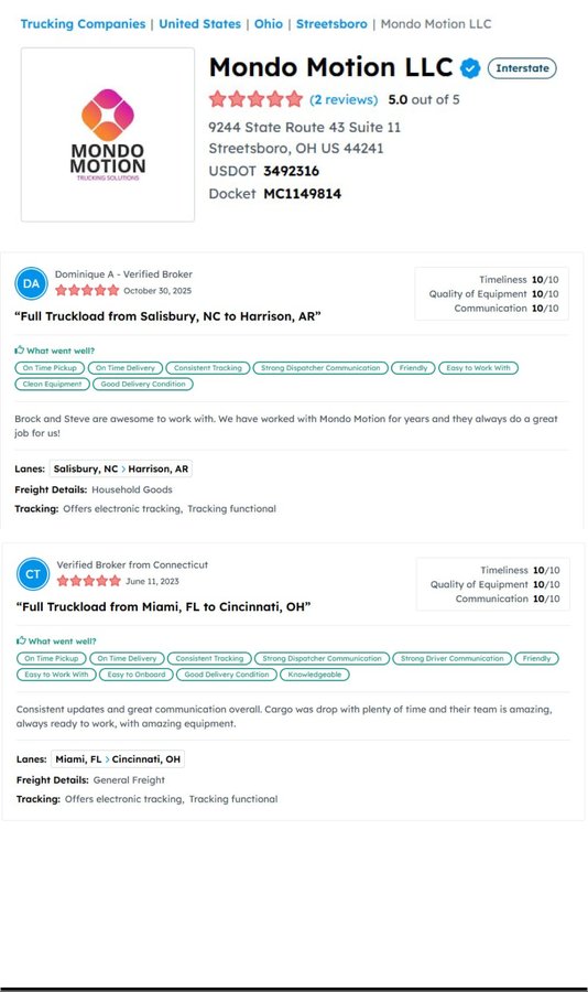 CarrierSource profile for Mondo Motion LLC: 5.0 out of 5 from two verified broker reviews