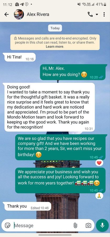 Text conversation: a driver of more than two years thanks Tina for a birthday gift basket