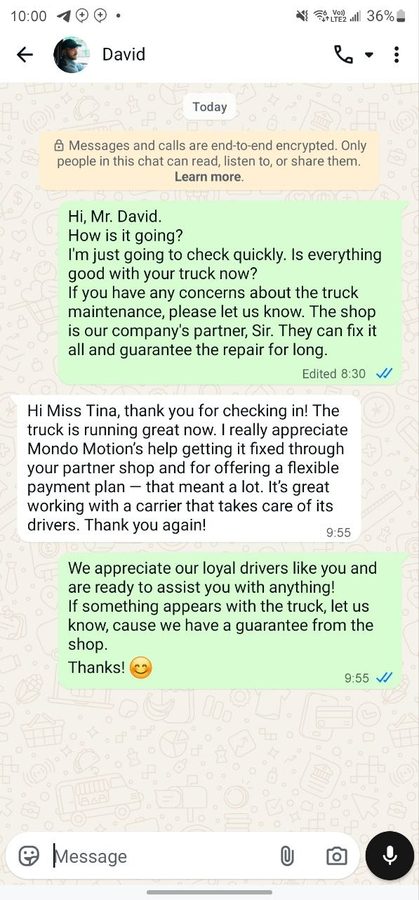 Text conversation: Tina checks on a driver's truck after a repair at the company's partner shop