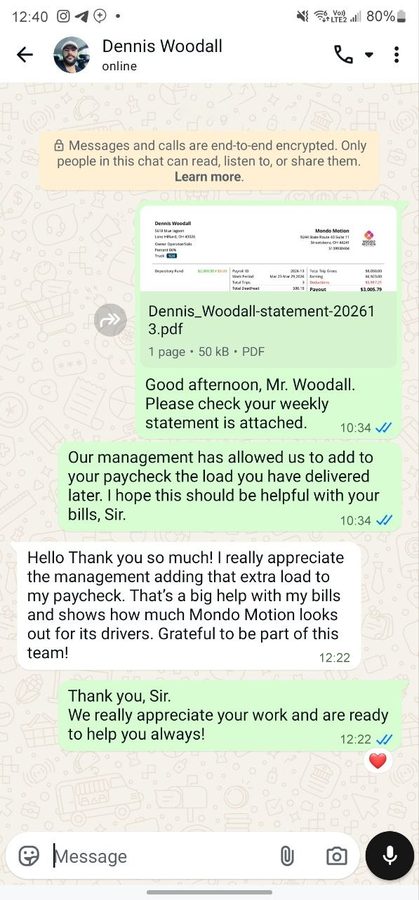 Text conversation: Tina sends a driver his weekly statement and explains an extra load was added to his paycheck; he thanks the team