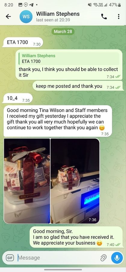 Text conversation: a driver thanks Tina and the staff for a gift and shares photos