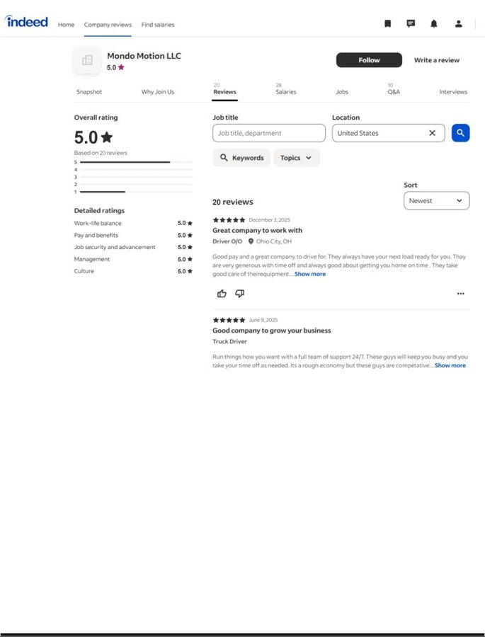 Indeed company page for Mondo Motion LLC showing a 5.0 overall rating from 20 reviews
