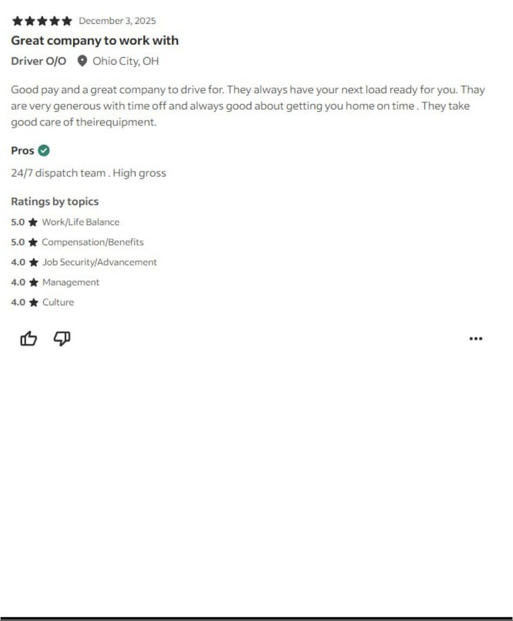 Indeed review titled Great company to work with, by an owner-operator in Ohio, December 2025